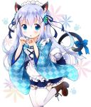  1girl animal_ear_fluff animal_ears apron argyle argyle_kimono bangs blue_eyes blue_flower blue_hair blue_ribbon blue_skirt boots brown_footwear cat_ears cat_girl cat_tail eyebrows_visible_through_hair flower frilled_apron frilled_skirt frills gochuumon_wa_usagi_desu_ka? green_flower hair_between_eyes hair_flower hair_ornament hair_ribbon hands_up high_heel_boots high_heels highres kafuu_chino long_hair long_sleeves maid_apron maid_headdress paw_pose pleated_skirt ratryu ribbon skirt solo standing standing_on_one_leg tail thigh-highs two_side_up very_long_hair wa_maid white_apron white_background white_legwear wide_sleeves x_hair_ornament 