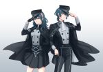  1boy 1girl absurdres aequorine bangs blue_eyes blue_hair breasts byleth byleth_(female) byleth_(male) cape dual_persona female_my_unit_(fire_emblem:_three_houses) fire_emblem fire_emblem:_three_houses fire_emblem_heroes gloves hair_ornament hat highres intelligent_systems jacket long_hair looking_at_viewer male_my_unit_(fire_emblem:_three_houses) my_unit_(fire_emblem:_three_houses) nintendo short_hair simple_background skirt smile super_smash_bros. uniform upper_body white_background 