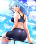  1girl alternate_costume ass blue_eyes blue_hair blue_sky blush breasts clouds double_bun gradient_sky highres kantai_collection large_breasts looking_at_viewer open_mouth sitting sky socks solo sports_bra sportswear sweatdrop urakaze_(kantai_collection) white_legwear zanntetu 