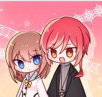  1boy 1girl 723/nanahumi :d anzu_(ensemble_stars!) bangs beamed_eighth_notes black_jacket blue_eyes blue_sailor_collar blush bow brown_eyes brown_hair chibi closed_mouth eighth_note ensemble_stars! eyebrows_visible_through_hair grey_sweater hair_between_eyes jacket long_hair musical_note open_mouth pentagram quarter_note redhead ribbed_sweater sailor_collar sakasaki_natsume shirt smile staff_(music) sweater white_shirt yellow_bow 