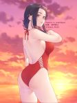  1girl ass black_eyes black_hair boku_no_hero_academia breasts casual_one-piece_swimsuit clouds commentary_request cowboy_shot dated english_text from_behind gradient_sky horizon long_hair looking_at_viewer medium_breasts mizuki_mau ocean one-piece_swimsuit outdoors ponytail red_sky red_swimsuit sky solo standing sunset swimsuit twitter_username water yaoyorozu_momo 
