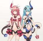  2girls bare_arms bare_shoulders black_gloves black_legwear blue_eyes blue_hair collarbone dot_nose dress eyebrows_visible_through_hair flower gloves hair_between_eyes highres honkai_(series) honkai_impact_3rd liliya_olyenyey long_hair looking_at_viewer multiple_girls navel red_flower red_rose rose rozaliya_olyenyey shands short_shorts shorts simple_background smile tail thigh-highs white_background white_legwear 