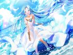  1girl :d ahoge bangs bare_shoulders blue_eyes blue_hair blue_sky blush bridal_gauntlets choker clouds cloudy_sky commentary_request day dress dutch_angle feathers floating_hair forehead granblue_fantasy highres horizon long_hair looking_at_viewer lyria_(granblue_fantasy) mullpull ocean open_mouth outdoors parted_bangs see-through sky smile solo standing strapless strapless_dress very_long_hair wading water white_choker white_dress 