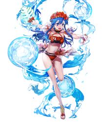  1girl bangs bare_arms bikini blue_eyes blue_hair breasts bunbun fire_emblem fire_emblem:_the_binding_blade fire_emblem_heroes flower full_body hair_ornament head_wreath hibiscus highres holding leg_up lilina long_hair medium_breasts navel official_art open_mouth palm_leaf red_bikini sandals shiny shiny_hair solo stomach swimsuit thighs toes transparent_background water 