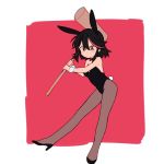 1girl animal_ears bangs black_footwear black_hair black_legwear black_leotard blue_eyes boots bow bowtie bunny_tail bunnysuit closed_mouth commentary detached_collar fake_animal_ears fake_tail frown high_heel_boots high_heels highres holding holding_mallet kill_la_kill leaning_forward leotard looking_at_viewer mallet matoi_ryuuko mittsun multicolored_hair pantyhose rabbit_ears red_bag red_neckwear short_hair solo standing strapless strapless_leotard streaked_hair tail two-tone_hair v-shaped_eyebrows wrist_cuffs 