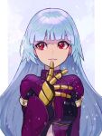  1girl :3 bangs belt belt_collar blue_background blue_hair bodysuit breasts closed_mouth collar eyebrows_visible_through_hair finger_to_face gloves highres kula_diamond long_hair looking_at_viewer medium_breasts oni_gini simple_background smile snow solo the_king_of_fighters the_king_of_fighters_xiv turtleneck upper_body violet_eyes zipper 