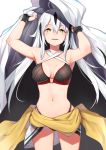  1girl armpits arms_up bikini black_bikini black_gloves black_hair breasts cloak collarbone commentary_request cowboy_shot criss-cross_halter eyebrows_visible_through_hair fate/grand_order fate_(series) fingerless_gloves gloves hair_between_eyes halterneck long_hair medium_breasts multicolored_hair nagao_kagetora_(fate) navel open_mouth simple_background solo stomach swimsuit very_long_hair white_background white_hair yellow_eyes yuuzuki_(re&#039;ef) 