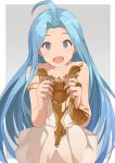  1girl :d ahoge armlet bare_shoulders blue_eyes blue_hair bridal_gauntlets choker collarbone commentary_request cowboy_shot dress eyebrows_visible_through_hair fingernails gloves gloves_removed granblue_fantasy grey_background hinami_(hinatamizu) holding holding_gloves long_hair looking_at_viewer lyria_(granblue_fantasy) open_mouth see-through shiny shiny_hair short_dress simple_background smile solo standing strapless strapless_dress very_long_hair white_choker white_dress 