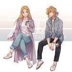  1boy 1girl alternate_costume bangs blonde_hair blue_eyes blue_ribbon braid casual cellphone closed_mouth collarbone collared_shirt commentary contemporary denim ed_(chibied) english_text eyebrows_visible_through_hair green_eyes hair_ornament hair_ribbon hairclip highres holding holding_cellphone holding_phone hood hood_down jeans link long_hair long_sleeves looking_at_another pants parted_bangs phone pointy_ears ponytail princess_zelda pullover ribbon shirt shoelaces shoes sidelocks simple_background sitting smile sneakers the_legend_of_zelda the_legend_of_zelda:_breath_of_the_wild torn_clothes torn_pants watch white_footwear 