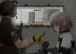  2girls absurdres artist_request explosive girls_frontline gun helmet highres kriss_vector mira_(rainbow_six_siege) multiple_girls prowler_(girls_frontline) rainbow_six_siege robot sangvis_ferri spanish_text submachine_gun tactical_clothes vector_(girls_frontline) vending_machine weapon 