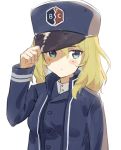  1girl bangs bc_freedom_(emblem) bc_freedom_military_uniform blonde_hair blue_eyes blue_jacket blue_vest blush emblem girls_und_panzer hand_on_headwear hat high_collar highres jacket long_sleeves looking_at_viewer medium_hair messy_hair oshida_(girls_und_panzer) poyano shako_cap simple_background solo vest white_background 