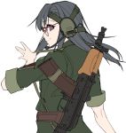  1girl ak-74 assault_rifle bangs commentary eyebrows_visible_through_hair from_behind glasses grey_hair gun headphones highres holding holding_strap korean_commentary leeb3397 long_hair looking_at_viewer microphone military military_uniform original red-framed_eyewear rifle short_sleeves simple_background sketch solo uniform upper_body violet_eyes weapon weapon_on_back white_background 