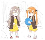  2girls :3 ball brown_eyes brown_hair commentary_request girls_frontline grey_hair highres jacket looking_at_viewer multiple_girls playground shinoe_nun shoes siblings side_ponytail sisters slide sneakers swing_set twins twintails ump45_(girls_frontline) ump9_(girls_frontline) yellow_eyes younger 