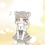  1girl 2chaton2 :3 animal_ears black_bow blue_eyes blush bow cat_ears cat_tail commentary_request elbow_gloves gloves gradient_hair grey_hair grey_skirt kemono_friends looking_at_viewer lowres multicolored_hair musical_note pallas&#039;s_cat_(kemono_friends) scarf skirt smile solo tail white_hair white_scarf younger 