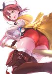  1girl :d atelier_(series) atelier_ryza brown_eyes brown_hair brown_legwear commentary_request hat highres jugatukumao looking_at_viewer open_mouth red_shorts reisalin_stout short_hair short_shorts shorts simple_background smile solo teeth thigh-highs thighs upper_body white_background white_headwear white_legwear 