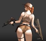  1girl absurdres ass assault_rifle bangs bare_shoulders baseball_cap bullpup closed_mouth eyebrows_visible_through_hair fio_germi from_behind glasses grey_background gun hair_between_eyes hat highres holding holding_gun holding_weapon imi_uzi legs looking_at_viewer mecha_musume medium_hair metal_slug military orange_hair original ponytail rifle seriousman shorts simple_background solo standing steyr_aug steyr_aug_(upotte!!) strap submachine_gun thigh_strap trigger_discipline upper_body weapon 