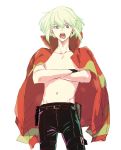  1boy black_gloves blonde_hair chest earrings gloves green_hair half_gloves jacket jewelry lio_fotia looking_at_viewer male_focus navel open_mouth prmaren1 promare simple_background solo violet_eyes white_background 
