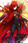  1girl bangs black_bodysuit bodysuit breasts cape chain fate/grand_order fate_(series) fire grin hair_over_one_eye highres katana koha-ace large_breasts long_hair looking_at_viewer oda_nobunaga_(maou_avenger)_(fate) popped_collar red_cape red_eyes redhead shiguru smile solo sword thighs very_long_hair weapon 