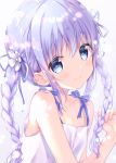  1girl amedamacon bangs bare_shoulders blue_eyes blue_hair blue_ribbon blush braid camisole closed_mouth collarbone commentary_request eyebrows_visible_through_hair fingernails flower gochuumon_wa_usagi_desu_ka? grey_background hair_between_eyes hair_flower hair_ornament hair_ribbon hand_up kafuu_chino looking_at_viewer ribbon sidelocks simple_background smile solo twin_braids twintails white_camisole white_flower 