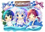  3girls :d ^_^ anchor angora_rabbit bangs bare_arms bare_shoulders blue_bow blue_eyes blue_hair blue_sky blush bow chibi chimame-tai chocolat_(momoiro_piano) closed_eyes clouds cloudy_sky collarbone commentary_request day eyebrows_visible_through_hair fang gochuumon_wa_usagi_desu_ka? green_hair hair_between_eyes hair_ornament hair_scrunchie inflatable_dolphin inflatable_toy innertube jouga_maya kafuu_chino lifebuoy long_hair multiple_girls natsu_megumi one-piece_swimsuit open_mouth parted_lips rabbit red_bow redhead ringlets school_swimsuit scrunchie seashell shell sky smile striped striped_bow swimsuit tippy_(gochiusa) twintails very_long_hair water white_school_swimsuit white_scrunchie white_swimsuit x_hair_ornament yellow_eyes 