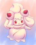  :d alcremie aquabluu blue_background character_name cream food fruit full_body gen_8_pokemon gradient gradient_background highres looking_at_viewer no_humans open_mouth pink_background pink_eyes pokemon pokemon_(creature) smile strawberry 