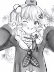  1girl blush bow copyright_request fingers_to_cheeks flower greyscale grin hair_flower hair_ornament highres long_sleeves looking_at_viewer monochrome nanashi_(nlo) neckerchief one_side_up pom_pom_(clothes) pom_pom_hair_ornament school_uniform serafuku smile solo upper_body 
