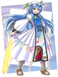  1girl alternate_costume blue_hair boots cross-laced_footwear dress food frills fruit hat hinanawi_tenshi leaf long_hair long_sleeves mail_(mail_gell) mob_cap peach rainbow_order red_eyes shide sword sword_of_hisou tabard touhou trigram weapon white_dress wide_sleeves yin_yang 