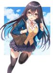  1girl :o bag black_hair black_legwear black_skirt blazer blue_jacket blue_sky brown_cardigan brown_eyes buttons cardigan clouds collared_shirt duffel_bag glasses hair_between_eyes hair_ornament hairclip harimoji highres jacket leg_up long_hair long_sleeves looking_at_viewer miniskirt neck_ribbon open_clothes open_jacket open_mouth original plaid plaid_skirt pleated_skirt red-framed_eyewear red_neckwear ribbon school_bag school_uniform shirt skirt sky solo thigh-highs white_shirt wing_collar zettai_ryouiki 