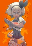  1girl absurdres bodysuit_under_clothes clenched_hand covered_navel cowboy_shot dark_skin eyebrows_visible_through_hair fighting_stance grey_eyes hair_between_eyes hairband highres looking_at_viewer mushiki_k open_mouth orange_background pokemon pokemon_(game) pokemon_swsh saitou_(pokemon) shirt short_hair short_shorts short_sleeves shorts silver_hair simple_background solo wind 