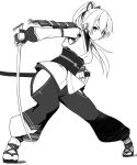  1girl breasts commentary_request eyebrows_visible_through_hair fate/grand_order fate_(series) fingerless_gloves frown gloves greyscale holding holding_sword holding_weapon katana long_hair looking_at_viewer medium_breasts monochrome ponytail shiseki_hirame smile solo sword tomoe_gozen_(fate/grand_order) v-shaped_eyebrows weapon 