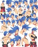  1boy back black_gloves blue_eyes blue_hair chest crossed_arms expressions galo_thymos gloves hand_on_hip highres jacket male_focus multiple_views open_mouth pro_ur_sumi promare shirtless smile spiky_hair underwear 