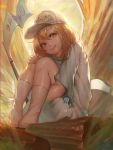  1girl absurdres bangs blue_shirt brown_eyes brown_hair child clothes_writing dated flag flat_cap full_body hat hataraku_saibou highres leg_hug long_hair looking_at_viewer platelet_(hataraku_saibou) shirt short_sleeves shorts sitting smile socks solo t-shirt tollrin-senpai white_headwear white_legwear 