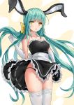  1girl absurdres alternate_costume animal_ears aqua_hair bare_shoulders black_dress black_panties bow breasts collarbone cowboy_shot dress enmaided fate/grand_order fate_(series) floating_hair frills frown gloves hair_bow hand_up highres kiyohime_(fate/grand_order) lace lace-trimmed_legwear long_hair looking_at_viewer maid medium_breasts panties pantyshot pantyshot_(standing) parted_lips qianqiu_wanxia rabbit_ears sleeveless sleeveless_dress solo standing strapless strapless_dress thigh-highs thighs underwear very_long_hair white_gloves white_legwear wind wind_lift yellow_bow yellow_eyes 
