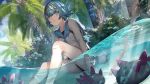  1girl bare_legs blue_eyes blue_hair bush gen_7_pokemon highres leaf miya-ki_(miya_key) open_mouth palm_tree partially_submerged pokemon pokemon_(creature) pokemon_(game) pokemon_sm pyukumuku shade short_hair sitting stick suiren_(pokemon) swimsuit swimsuit_under_clothes tree water 