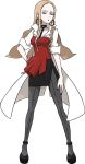  1girl bangs black_footwear black_legwear black_skirt blonde_hair collarbone earrings forehead full_body green_eyes hoop_earrings jewelry jitome long_hair miniskirt official_art olive_(pokemon) parted_bangs pokemon pokemon_(game) pokemon_swsh red_lips side_slit skirt standing transparent_background white_coat 