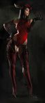  1girl black_background black_hair breasts brown_legwear claws concept_art full_body hand_on_hip highres horns hunting_era leotard looking_to_the_side medium_breasts medium_hair red_eyes red_leotard sangsoo_jeong solo standing 
