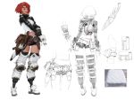  1girl belt belt_pouch breasts brown_eyes gloves highres hunting_era knife long_sleeves midriff multiple_views padded_armor padded_gloves pouch redhead sangsoo_jeong sheath short_hair short_shorts shorts simple_background sketch small_breasts standing thigh-highs white_background white_footwear white_gloves 