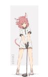  1girl animal_ear_fluff animal_ears ball black_gloves cat_ears cat_tail dress full_body gloves golf golf_ball golf_club highres jerry3912 original red_eyes redhead shoes short_dress short_hair sneakers solo tail white_dress 