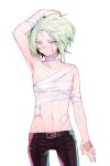  1boy bandages blonde_hair earrings green_hair highres injury jewelry lio_fotia looking_at_viewer male_focus navel promare sarashi shii_(luochen_xi) simple_background smile solo violet_eyes white_background 