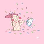  alcremie blue_eyes gen_5_pokemon gen_8_pokemon ice james_turner no_humans one_eye_closed pink_background pokemon pokemon_(creature) pokemon_(game) red_eyes sprinkles strawberry umbrella vanillite whipped_cream 