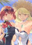  2girls bangs bare_shoulders beach black_swimsuit blonde_hair blush breasts covered_navel cute earrings fujie-yz gem hair_ornament hat headpiece highres jewelry large_breasts long_hair looking_at_viewer monolith_soft multiple_girls mythra_(xenoblade) nintendo one-piece_swimsuit parted_lips pyra_(xenoblade) red_eyes redhead short_hair simple_background super_smash_bros. swept_bangs swimsuit tiara xenoblade_(series) xenoblade_2 