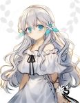  1girl absurdres aqua_eyes bare_shoulders blush dress eyebrows_visible_through_hair flower fuupu hair_flower hair_ornament highres long_hair looking_at_viewer off_shoulder original silver_hair smile solo upper_body wavy_hair white_dress 