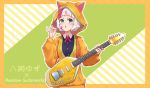  1girl bangs blue_eyes blush candy food guitar guitaro_(yabasaki_taro) hassaku_yuzu highres holding holding_candy holding_instrument instrument jacket lollipop looking_at_viewer multicolored_hair nijisanji orange_jacket redhead short_hair simple_background solo standing streaked_hair striped striped_background virtual_youtuber white_hair 