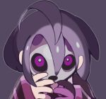  1boy bright_pupils close-up grey_outline looking_at_viewer male_focus mask onion_(pokemon) outline pokemon pokemon_(game) pokemon_swsh purple_background purple_hair simple_background solo violet_eyes wide_sleeves 