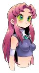  1girl aqua_eyes armband bangs bare_shoulders blush breasts cropped_torso gem green_sclera highres long_hair midriff navel oyatsu_(mk2) parted_bangs redhead simple_background sleeveless small_breasts smile solo starfire teen_titans thick_eyebrows white_background 