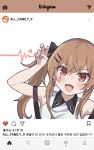  1girl blush brown_hair child colorized doll_hug eyebrows_visible_through_hair girls_frontline hair_between_eyes hair_ornament hair_ribbon hairclip hand_up jingo korean_commentary korean_text lolita_fashion off_shoulder red_eyes ribbon scar scar_across_eye suspenders twintails ump9_(girls_frontline) wavy_mouth younger 