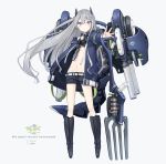  1girl animal_ears bangs belt black_footwear black_shorts blue_coat blush boots character_name closed_mouth coat eyebrows_visible_through_hair fake_animal_ears flat_chest floating_hair fork full_body grey_background grey_hair hair_between_eyes holding holding_weapon long_hair long_sleeves looking_at_viewer mecha_musume mechanical_tail midriff navel open_clothes open_coat original outstretched_arm poco_(asahi_age) short_shorts shorts shovel sidelocks simple_background solo standing tail violet_eyes weapon white_belt 