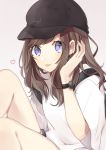  1girl :p absurdres bangs baseball_cap black_headwear blue_shorts brown_background brown_hair closed_mouth clothes_writing commentary ear_piercing earrings eyebrows_visible_through_hair hachimitsu_honey hand_up hat heart highres jewelry long_hair looking_at_viewer original piercing shirt short_shorts short_sleeves shorts simple_background sitting smile solo symbol_commentary tongue tongue_out violet_eyes watch watch white_shirt wide_sleeves 