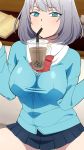  1girl bangs bendy_straw blue_cardigan blue_eyes blue_skirt blush book bow breasts bubble_tea bubble_tea_challenge cardigan closed_mouth collared_shirt commentary_request cup disposable_cup drinking drinking_straw eyebrows_visible_through_hair grey_hair hands_up joutarou large_breasts long_sleeves looking_at_viewer object_on_breast open_book panties pleated_skirt red_bow shirt skirt solo spread_legs tejina_senpai tejina_senpai_(character) underwear white_panties white_shirt 