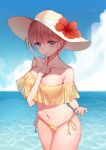  1girl bare_shoulders between_breasts bikini bison_cangshu blue_eyes blue_sky blush breasts clouds cloudy_sky collarbone commentary_request cowboy_shot day flower go-toubun_no_hanayome hand_up hat hat_flower hibiscus highres horizon index_finger_raised large_breasts looking_at_viewer nakano_ichika navel ocean outdoors parted_lips pink_hair red_flower short_hair side-tie_bikini sky solo stomach sun_hat swimsuit thighs water yellow_bikini 